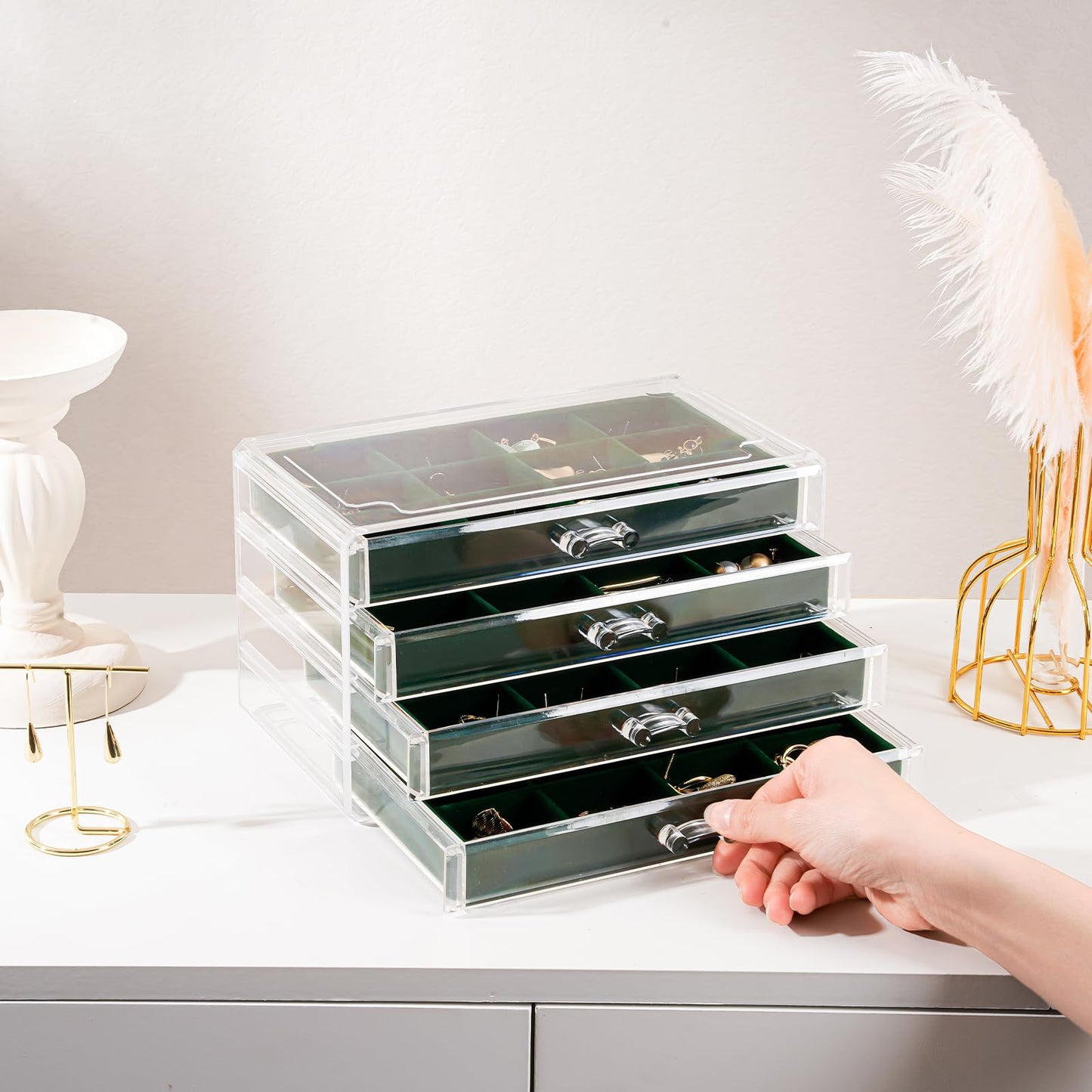 Lolalet Earring Holder Organizer Box Jewelry Storage with 4 Drawers, Clear Acrylic Stackable Earring Case with Adjustable Velvet Trays for Women on Dresser Vanity -Emerald, 4 Layers