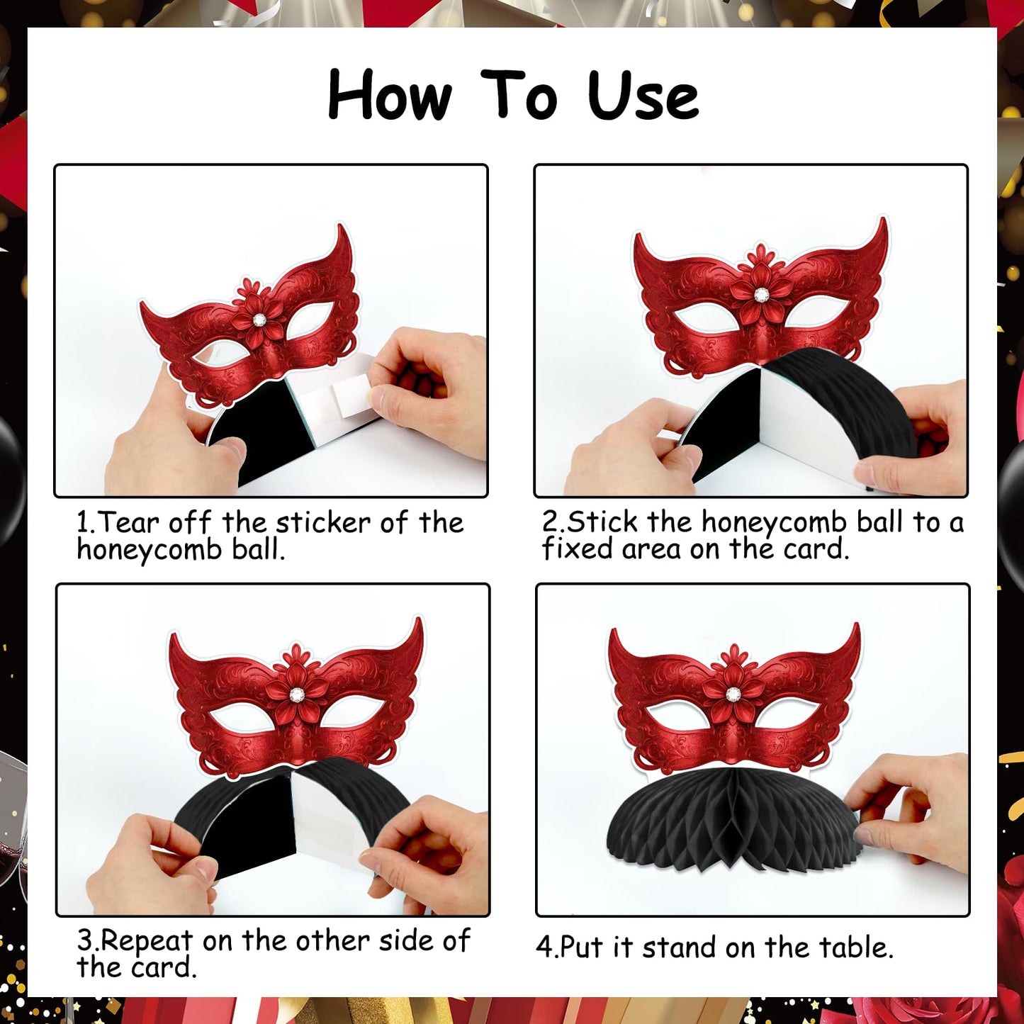 Felivid Red Masquerade Honeycomb Centerpieces Set for Masquerade Party Table Décor Elegant Red Mask Theme Birthday Table Decorations Double-Sided Printed Masquerade Celebration Table Centerpiece Kit