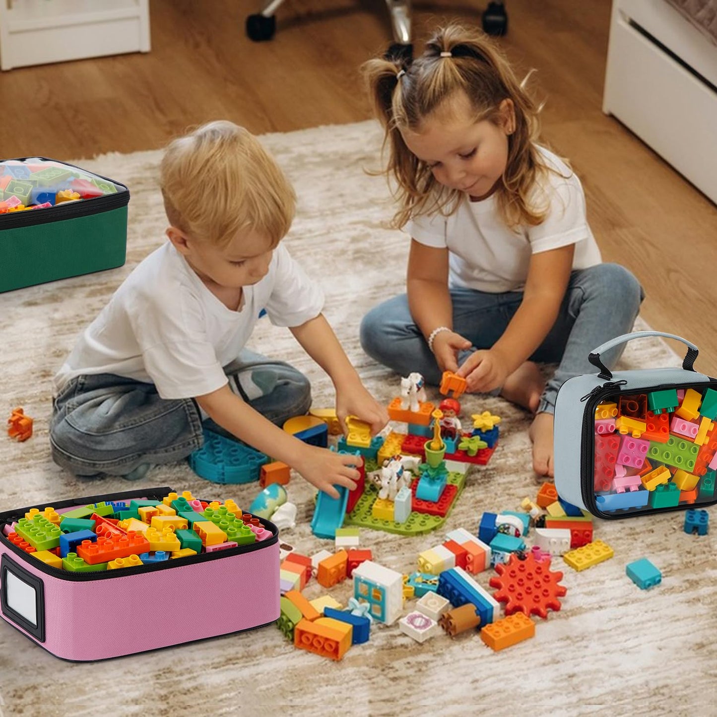 5 Pack Toy Storage Bags for LEGO & Building Blocks, Clear Toy Bins with Instruction Mesh Pocket & Label Window, Waterproof Zipper Pouches for Nursery Organization, Crafts, & Books (C)