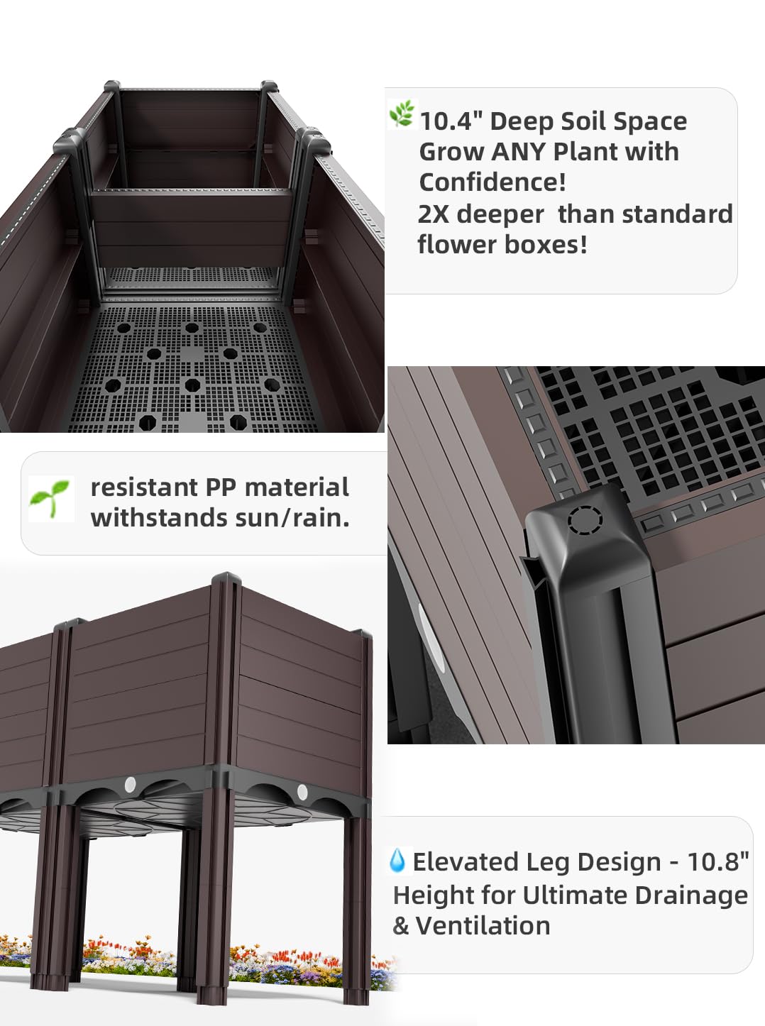 INSECT GENERAL Raised Garden Bed with Legs, Outdoor Planter Boxes & Rectangular Planter, Elevated Above Ground Garden Bed Plastic Flower Pot for Patio Yard, 23.62" × 11.81" × 22.44"
