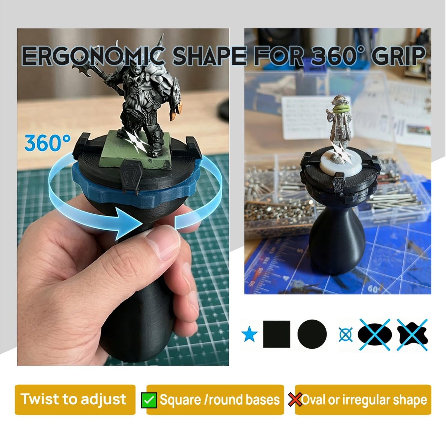 2PCS Miniature Painting Handle, 360° Rotatable Ergonomic Model Holder for Wargame/DND/Warhammer Figurines, Fits 20-50mm Bases, Stable Precision Hobby Painting Tool for Beginners & Veterans (Black)