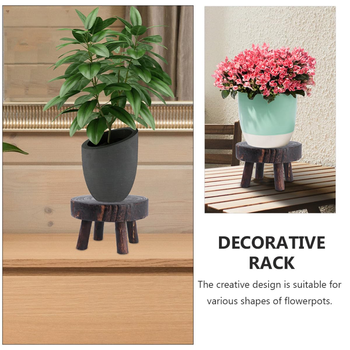 Kisangel Rustic Wooden Plant Stand Stool Xin Copper Finish Decorative Flower Pot Holder Indoor Outdoor Garden Shelf Display for Potted Plants
