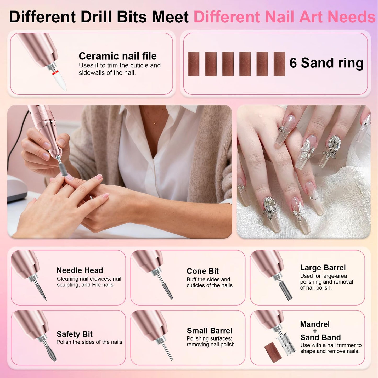 Professional Electric Nail Drill 40000RPM for Salon Home Use, Rechargeable Nail File Machine Kit with 12PCS Bits for Acrylic Gel Nails, Portable Efile Manicure Pedicure Tool (Pink Blue)