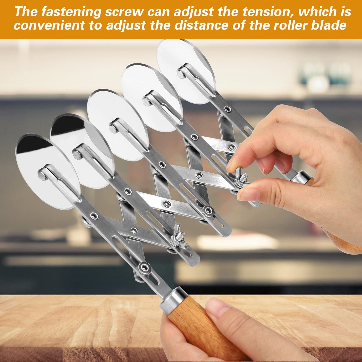 Juome 5 Wheel Pastry Cutter with Wooden Handle, Multi-Round Wheel Pasta Dough Cutter Roller Pizza Slicer Accordion Pastry Knife Divider Tool