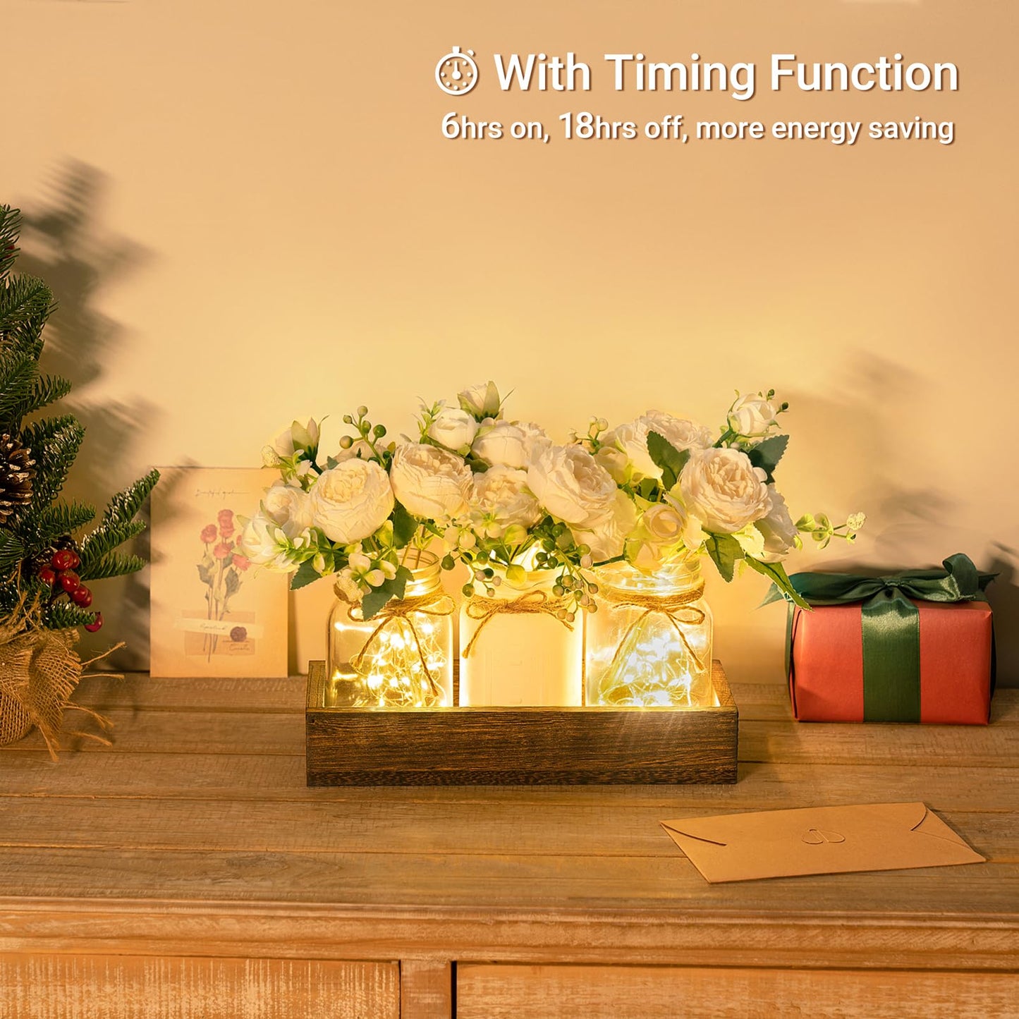 Mkono Mason Jar Lights Centerpiece Table Decor for Dining Room Farmhouse Wood Tray with 3 Jars Flowers Valentines Day Decoration for Coffee Table Kitchen Living Room Wedding