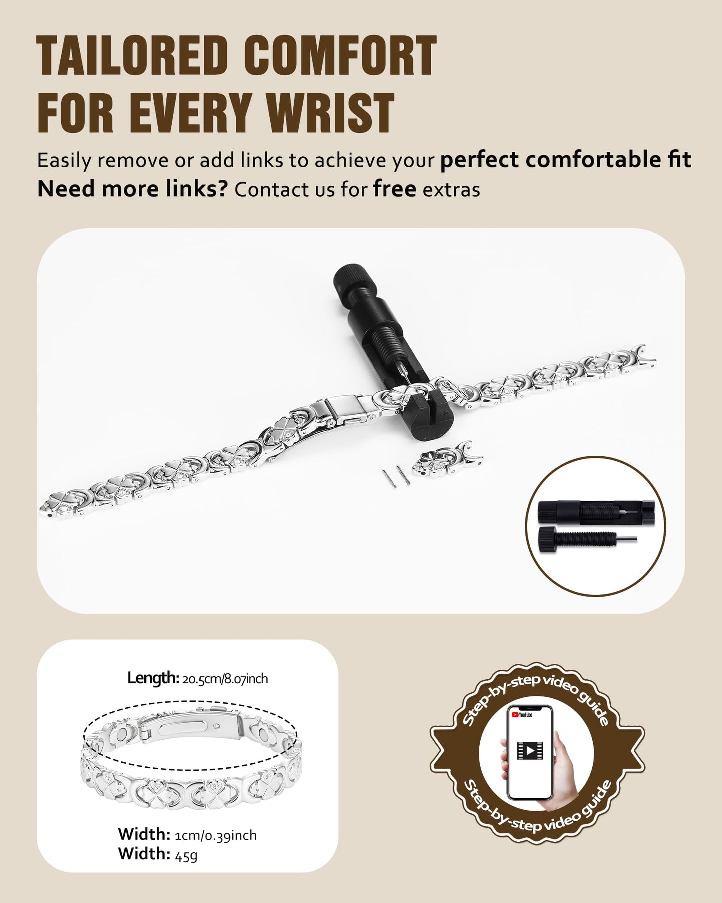 Jecanori Magnetic Copper Bracelet for Women — 3500 Gauss Magnets — Premium Fold-Over Clasp & Adjustable Length,Silver