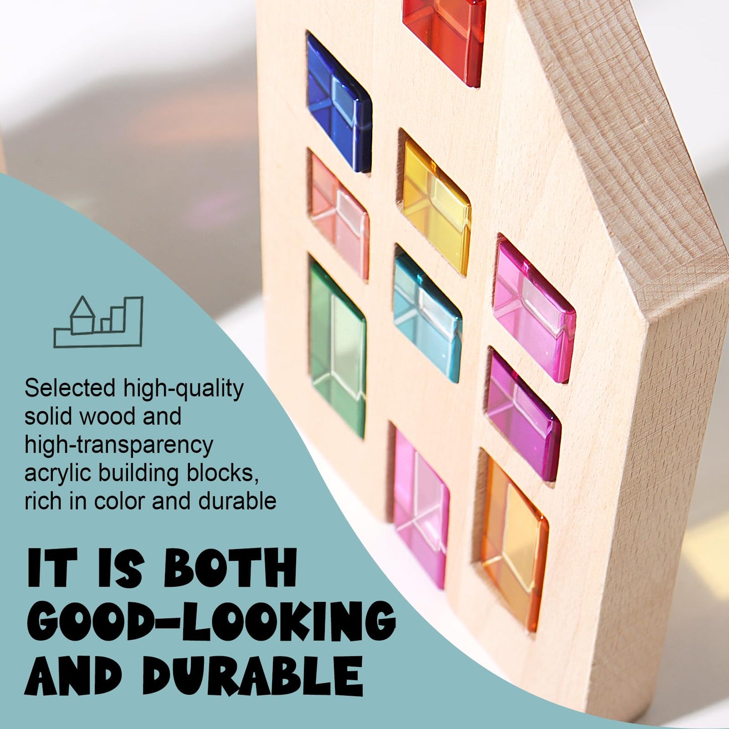 Dinhon 25 Pcs Acrylic Building Blocks with 3 Beech Wood Houses - 17 Cubes + 8 Long Blocks Rainbow Gem Set, Insert & Stack Sensory Toy for 1-5 Years Old Boys Girls, Creative Play Birthday Gift