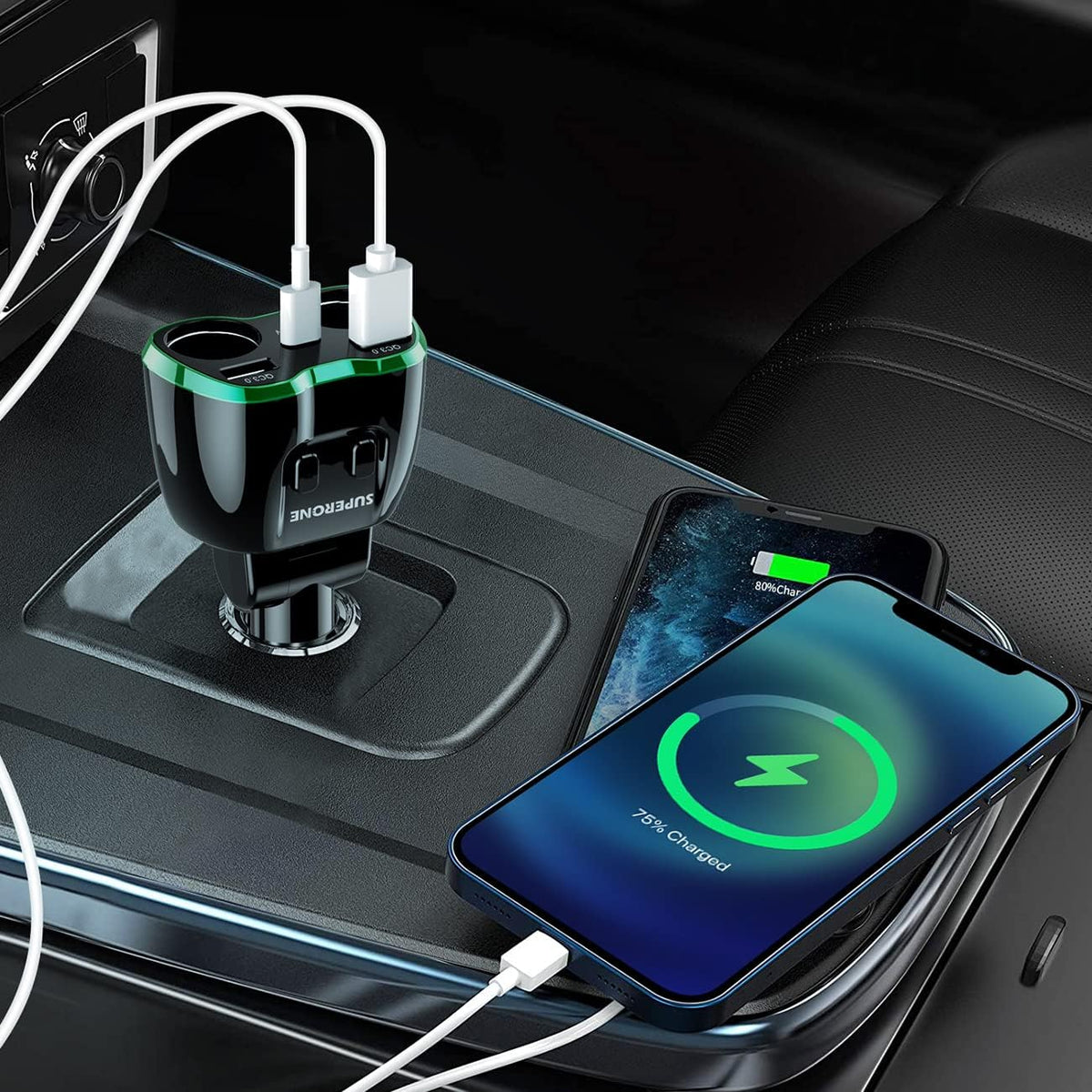 [2025 Upgraded] Cigarette Lighter Splitter, SUPERONE 180W 2-Socket Cigarette Lighter Adapter with Dual QC3.0 and 20W PD USB C Car Charger Splitter for GPS/Dash Cam/Laptop/iPad/iPhone 16/15/14/13/12/11