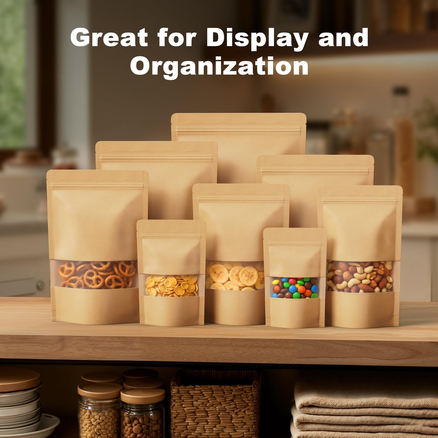 FireKylin 100 Pcs Resealable Bags, Inner Size 6.4" x 7.3" (Outer Size 7.1" x 10.2") Stand Up Paper Bags with Matte Window, Zipper Food Storage Bags for Packaging Products, Reusable, Sealable