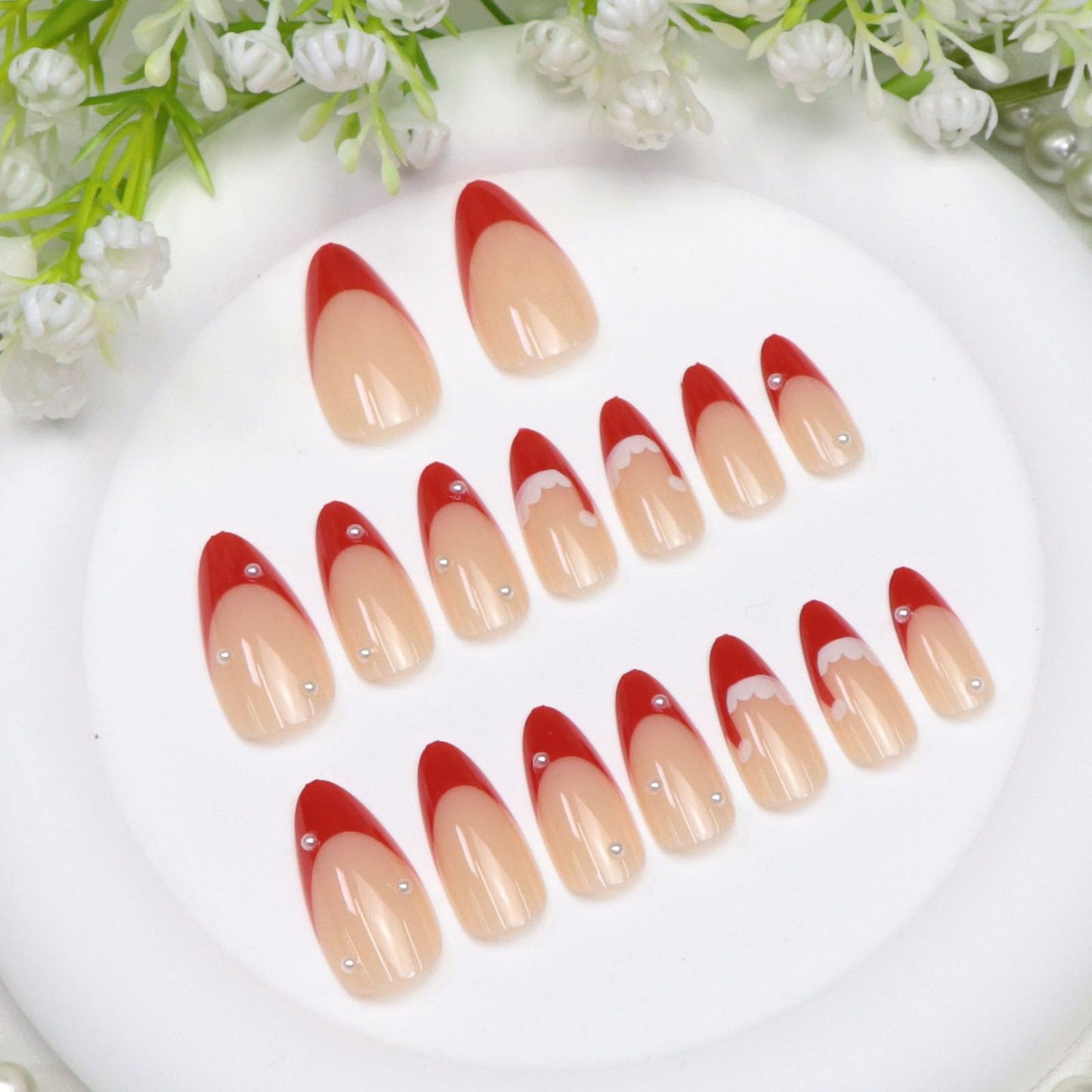Christmas Press on Nails Medium Almond Fake Nails with Pearl Designs French Tip Nails Press ons Glossy Xmas Red Nude Glue on Nail Winter Artificial Stick on Nail for Women 24 Pcs