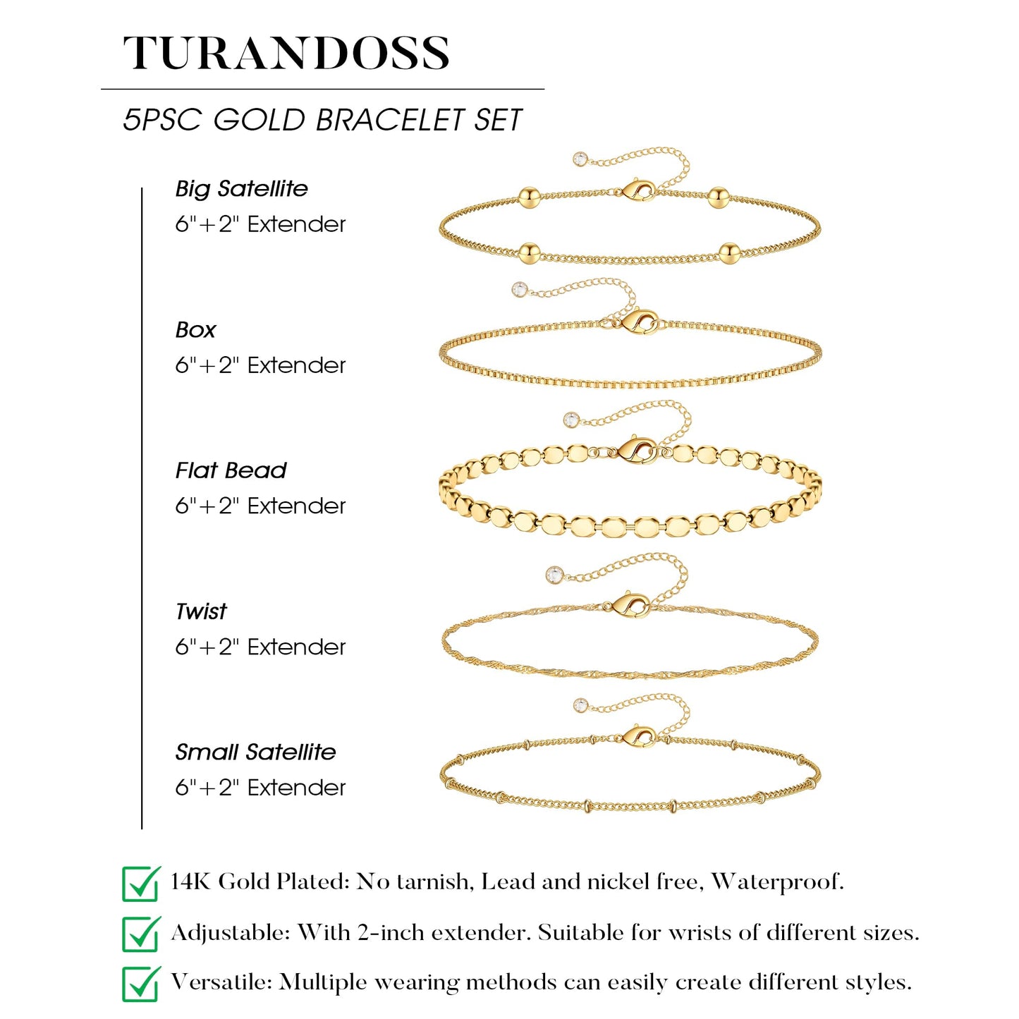 Turandoss Gold Bracelets Stack for Women, Dainty 14K Gold Plated Stackable Bracelet Set Adjustable Satellite Box Chain Bracelet Waterproof Non Tarnish Jewelry Gifts for Women