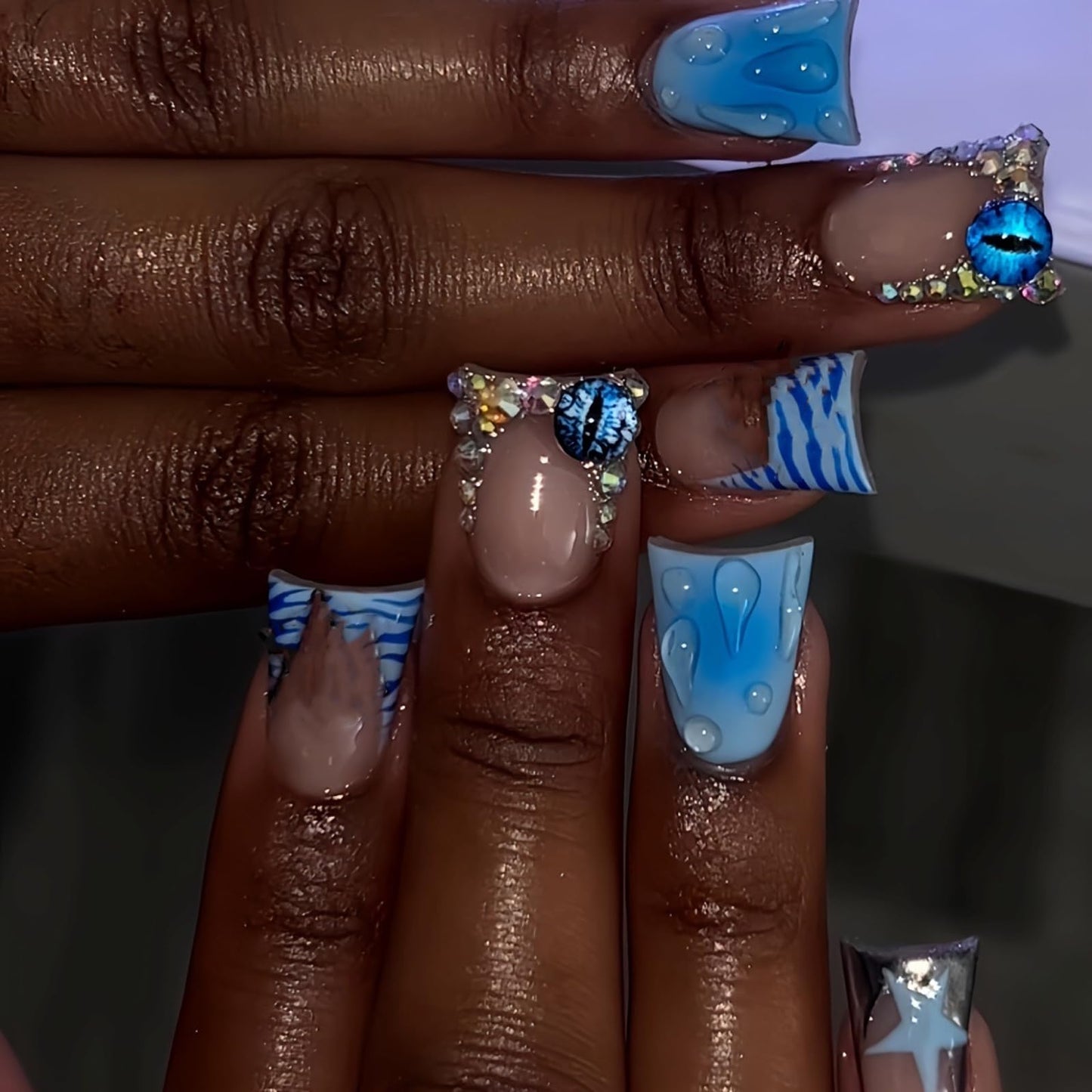 IMRAIN Press on Nails Medium Duck Fake Nails Blue French Tip False Nails with Rhinestone Design Stick on Nails for Women