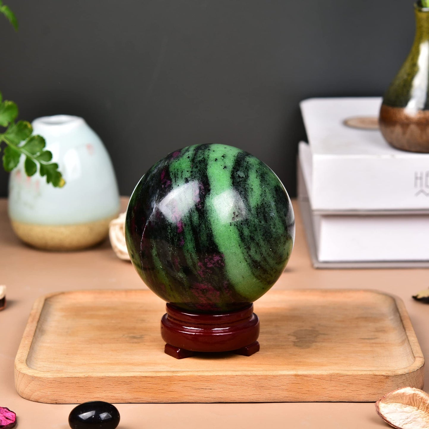 JIC Gem Crystal Sphere Ruby Zoisite Healing Ball With Wood Base - Red&Green Treasure Gemstone for Reiki Chakra Decor (70-80mm)