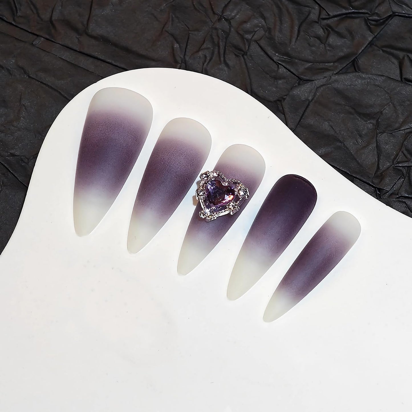 MISUD Press on Nails - Long Stiletto Glue on Nails with Goth Purple Black, Acrylic Rhinestone Design 24 pcs