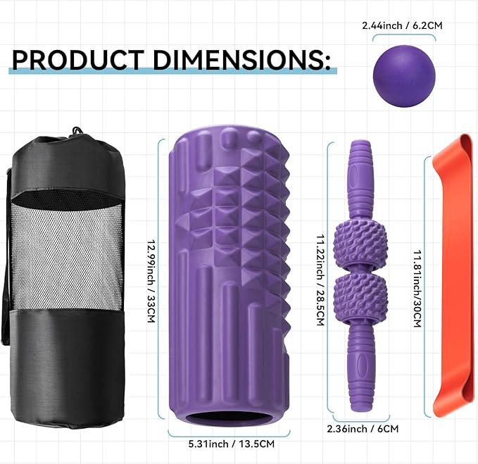 5 in 1 Foam Roller Set, Trigger Point Back Roller, Muscle Roller Stick, Massage Ball, Massage Roller, Resistance Band for Deep Tissue Massage Fitness Exercise Yoga Pilates(Purple)