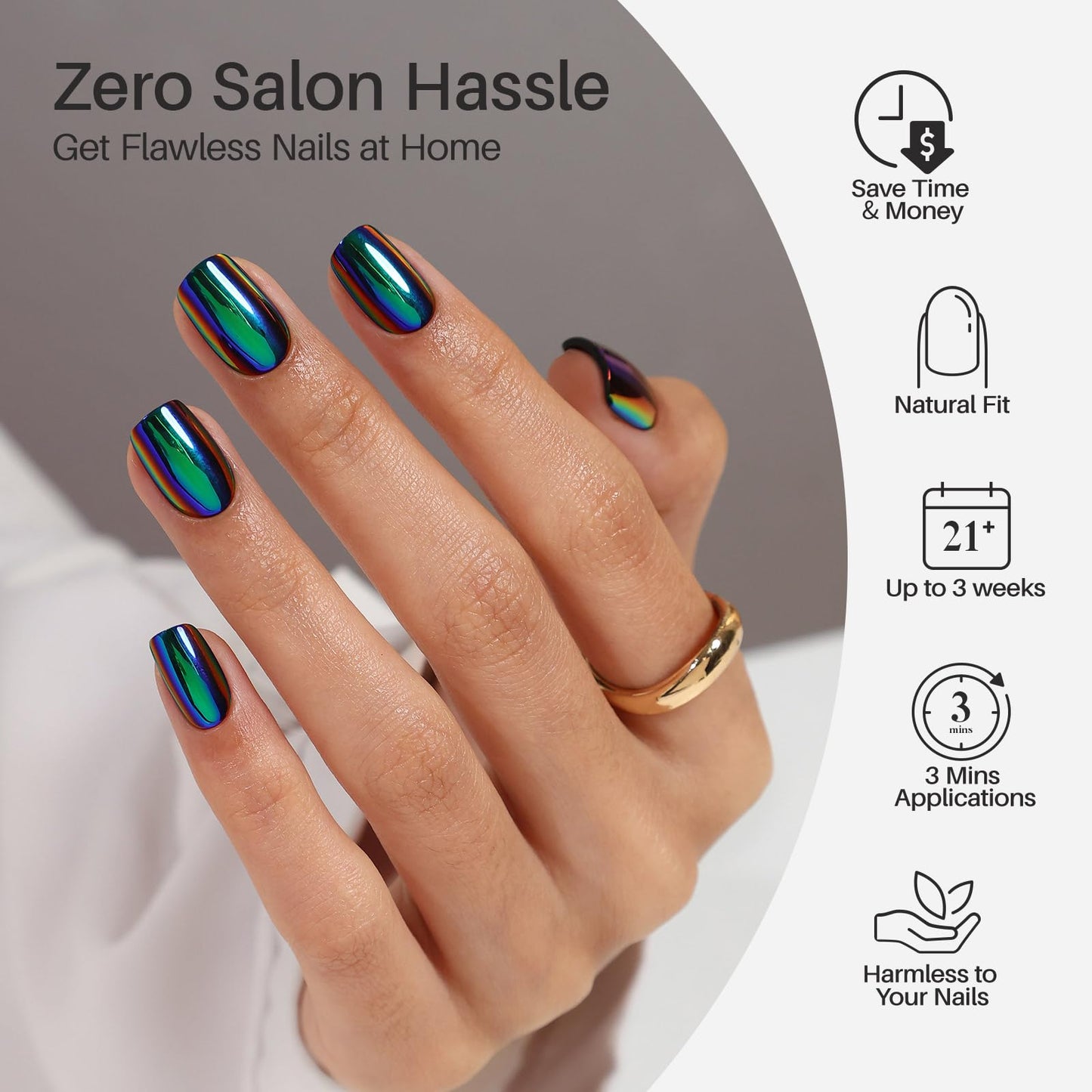 Metallic Chrome Press on Nails Square - SHANGMENG Green Purple Holo Short Nails for Women Gift, Soft Gel Glossy Glue on Nails with Glue in 16 Sizes - 32 Reusable Fake Nails Kit, Liquid Metal