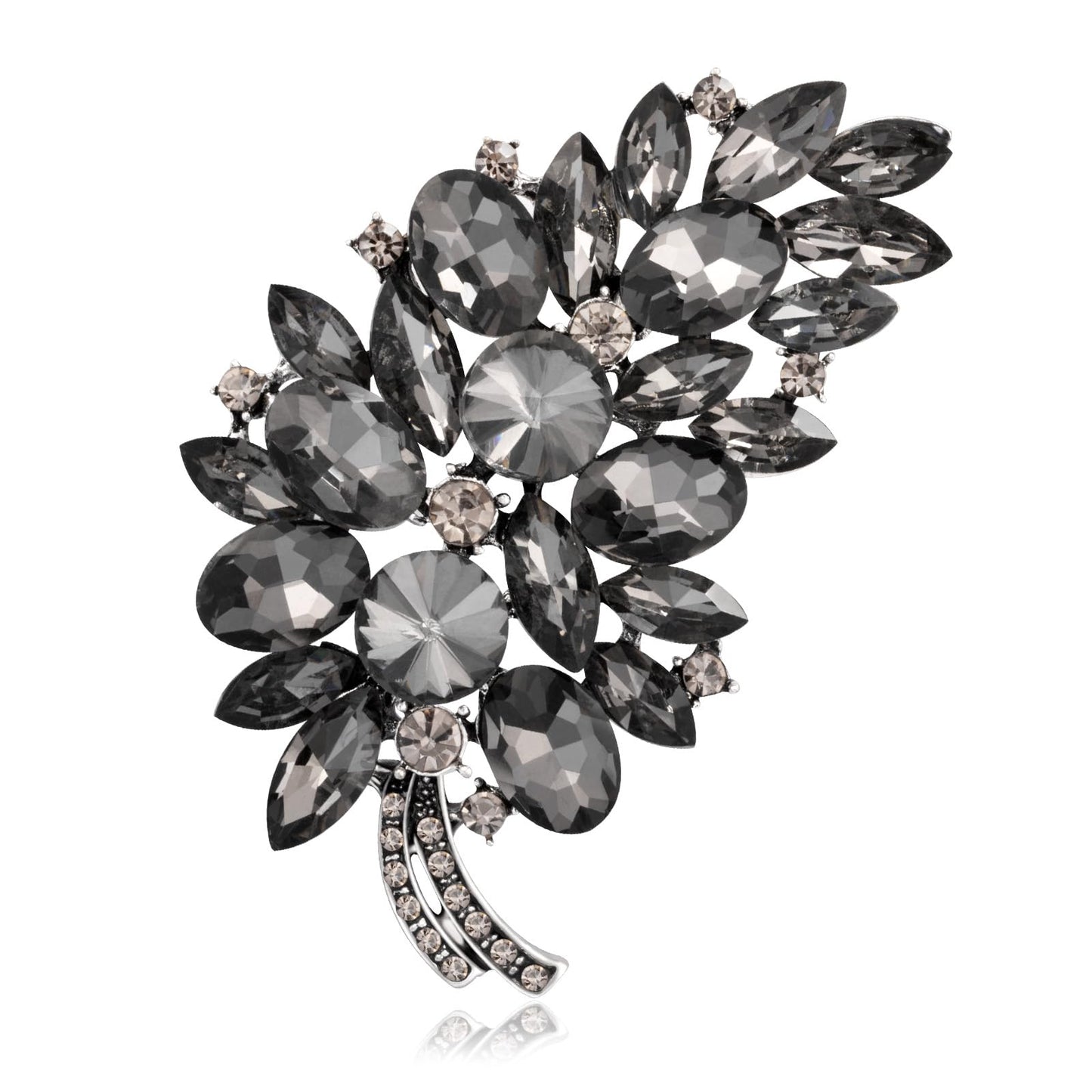 LAXPICOL Vintage Black Austrian Crystal Flower Leaf Bouquet Clusters Large Big Brooch Pin For Women Jewelry