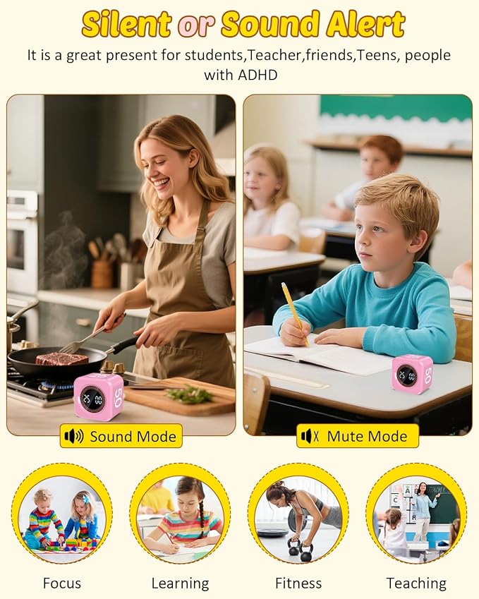 Pomodoro Timer Cube Visual Productivity Flip Timer for Kids Classroom Desk, 5/10/25/50min&Custom Countdown, Silent&Sound Mode Digital Cube for ADHD Study Work School Game Kitchen (Pink)