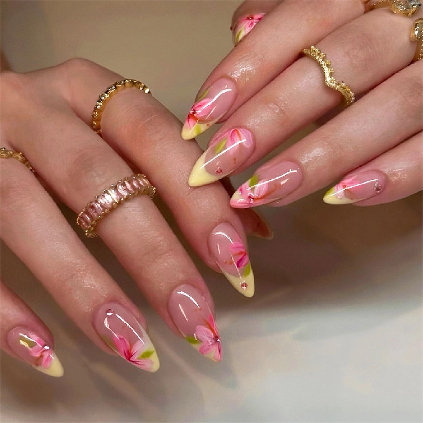 MISUD Press on Nails - Medium Almond Fake Nails with Pink Flower, Acrylic Yellow French Tip Design 24 pcs