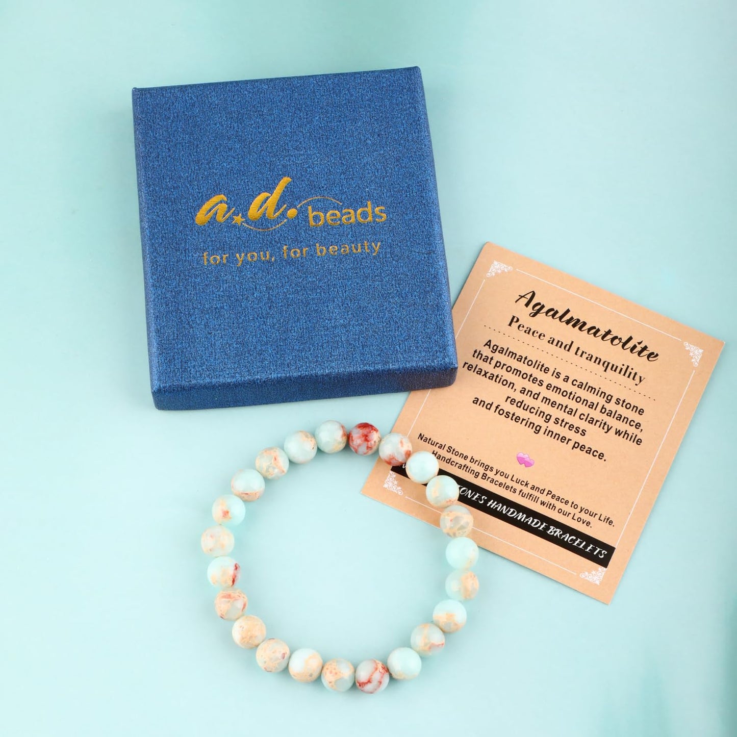 AD Beads 8mm Handmade Agalmatolite Elastic Bracelet – Natural Gemstone for Peace and Tranquility – Meditation, Yoga, Healing and Energy Gift for Men Women