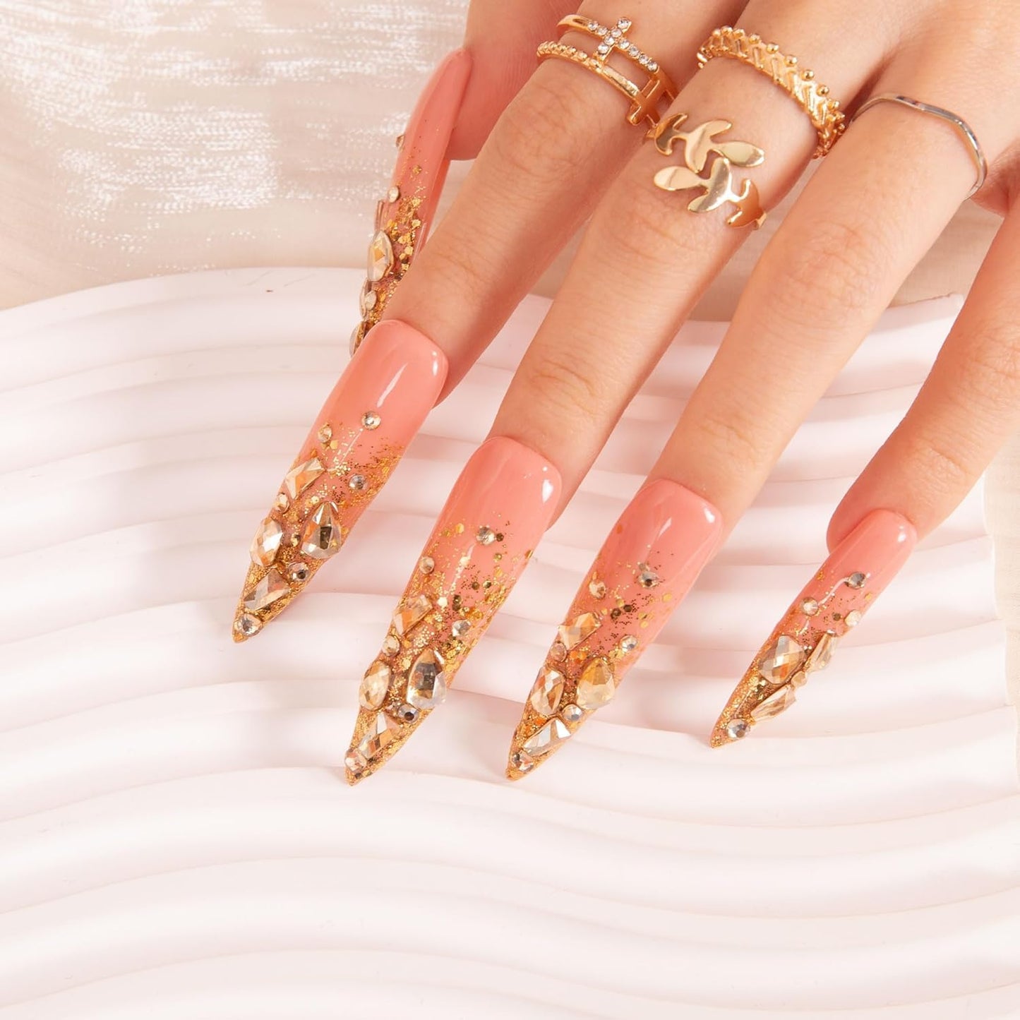 LOVFUL Reusable Press on Nails | Stardust Gold Rhinestone | Salon Quality Sustainable Style Handmade with Full Covered Crystals | Stiletto Long 2.2 in | H84-L