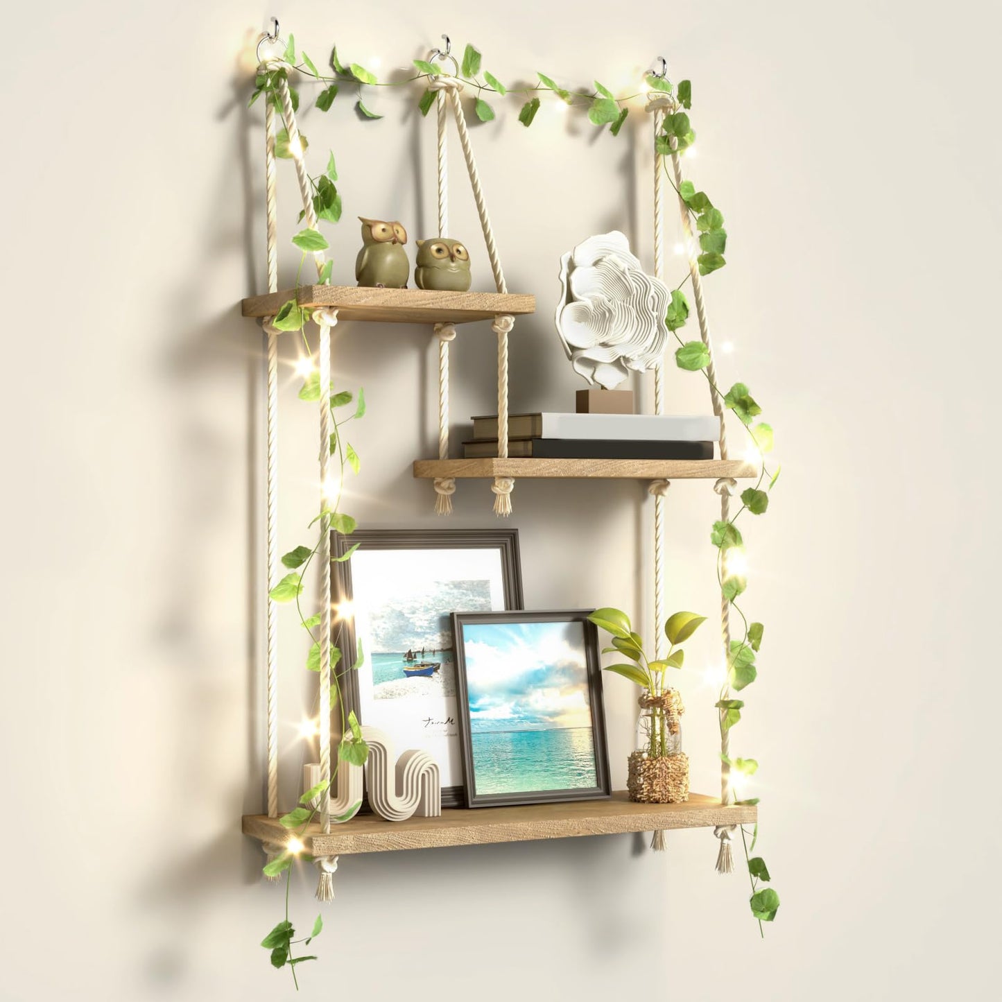 Hanging Shelves for Wall with Vine Lights 3 Tier Boho Wall Shelf Macrame Floating Shelves Rope Rustic Wood Organizer Storage Hanger Rack Decor Aesthetic for Succulents Kitchen Bedroom Bathroom