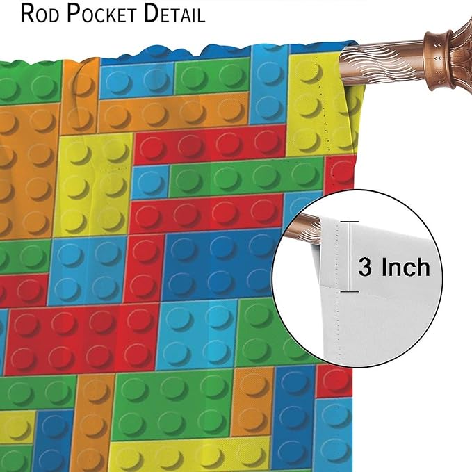Colorful Building Block Toy Printed Curtains, Building Blocks, Curtains, Fun Brick 3D Design, Kids, Teens, Girls, Boys, Living Room, Bedroom, Window Treatment Panels, 2 Panels 63x63in