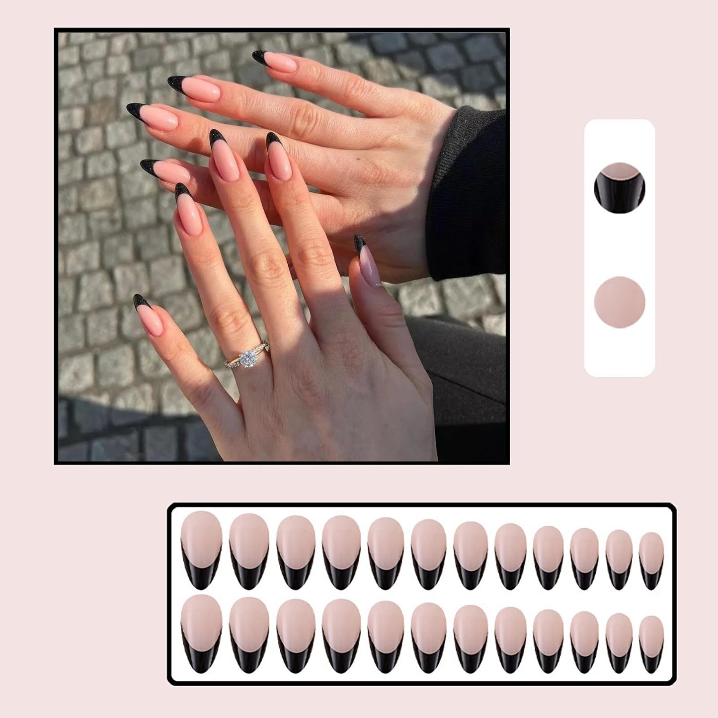 SINHOT French Tip Press on Nails Almond Fake Nails Glossy Glue on Nails Medium Natural Stiletto Acrylic Nails Manicure Black False Nails with Designs 24 pcs