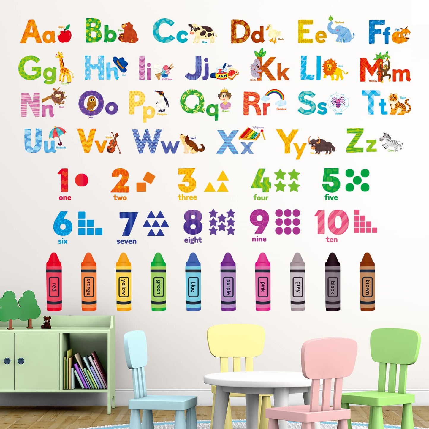 DECOWALL DS-8044 Animal Alphabet Numbers Colour Decals Stickers Kids Peel and Stick Removable for Room décor Letters ABC Classroom playroom Decorations Educational Bedroom Nursery