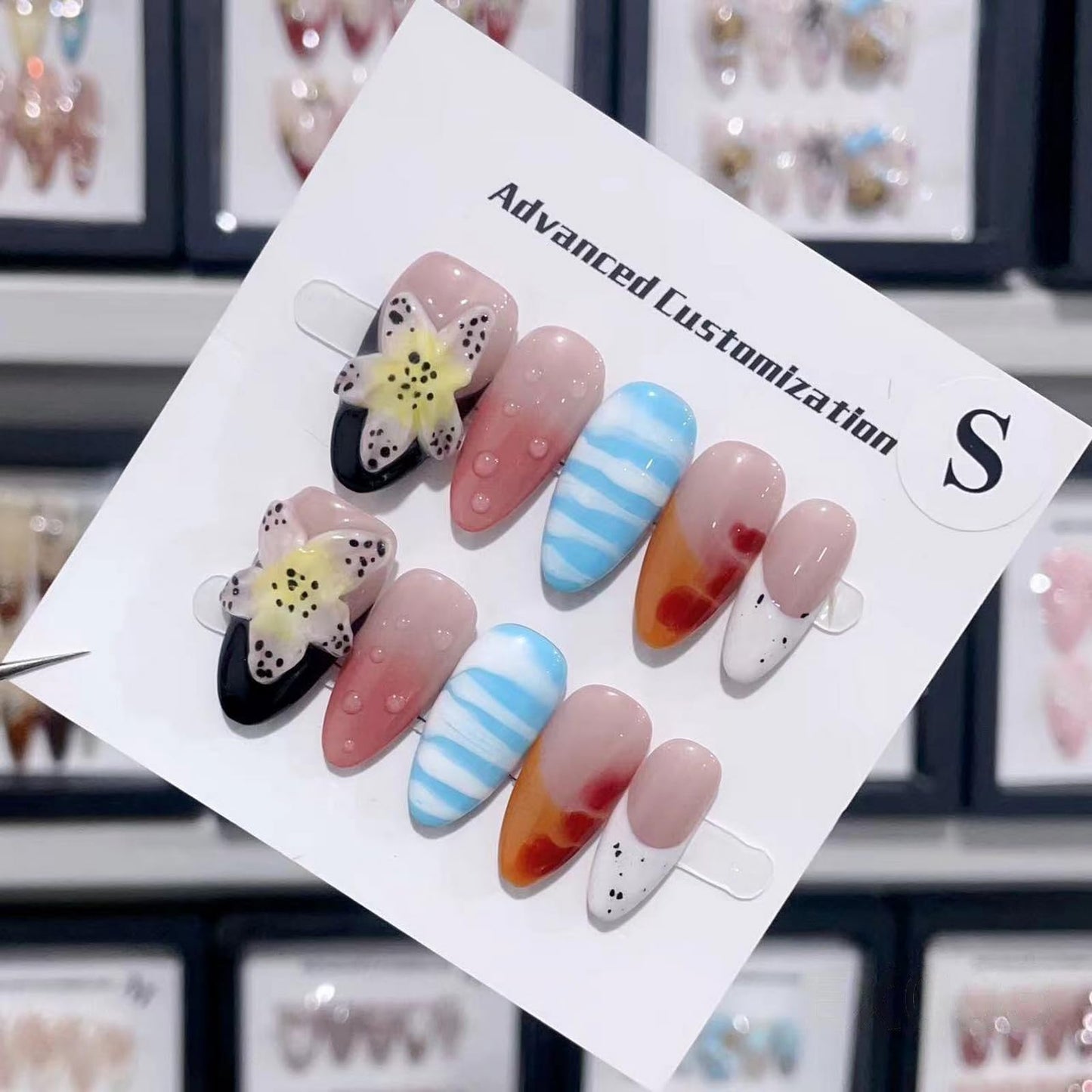 Luxury Press on Nails Medium Almond Handmade 3D Unique Reusable ABS Material Fake Nails French Tip False Nails with Designs Flower Water Drop Art Petal Glossy Glue onThick Acrylic Nails(M)
