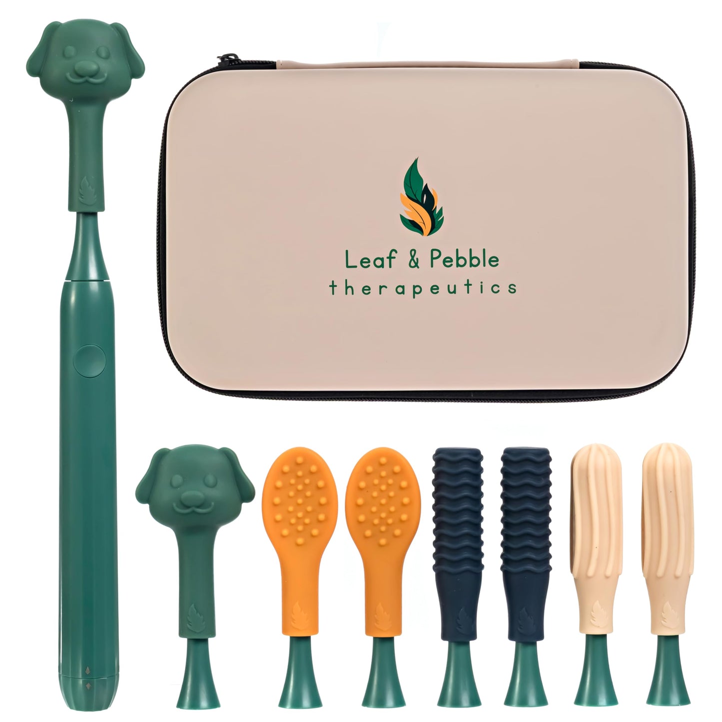 Leaf and Pebble TheraVibe Oral Motor Therapy Pen Kit with 8 Textured Tips | Natural Silicone Therapy Stimulator Tool for Speech & Feeding | Sensory Vibration Device for Autism, ADHD & Special Needs