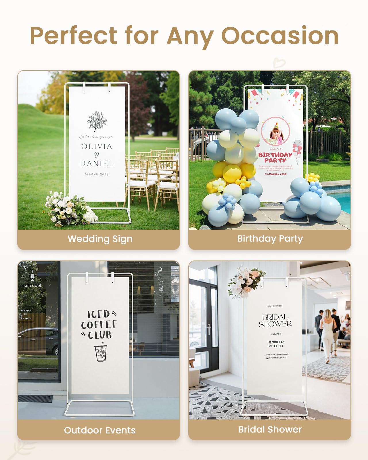 Wedding Welcome Sign Stand, Welcome to our Wedding Sign Holder, White Easel Stand for Sign Poster With Design Bundle & Ground Stakes & Leather Sign Hanging Straps, Linen Sign Stand for Wedding Decor
