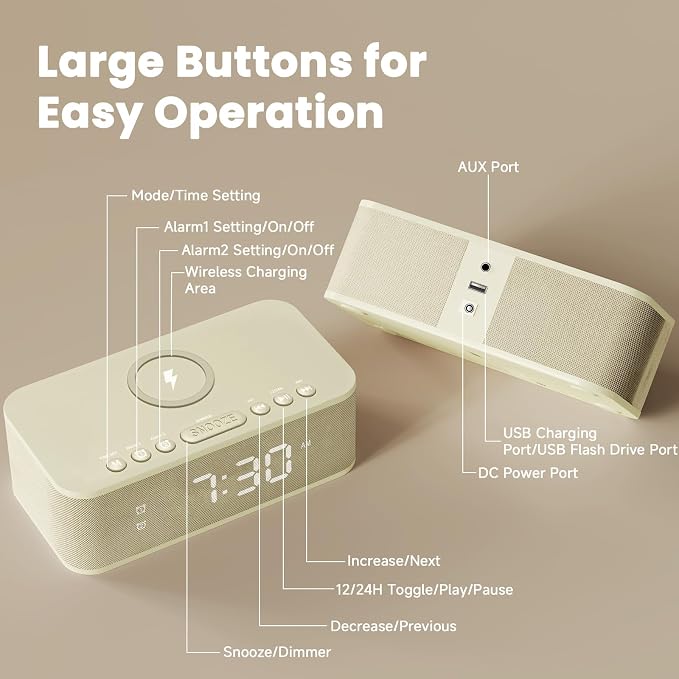 Digital Alarm Clock White Noise, Loud Digital Alarm Clocks Bedrooms, Alarm Clock Speaker Wireless Charger AUX USB Bluetooth Speaker 12/24H Dual Alarm Snooze Adjustable Brightness, Cream