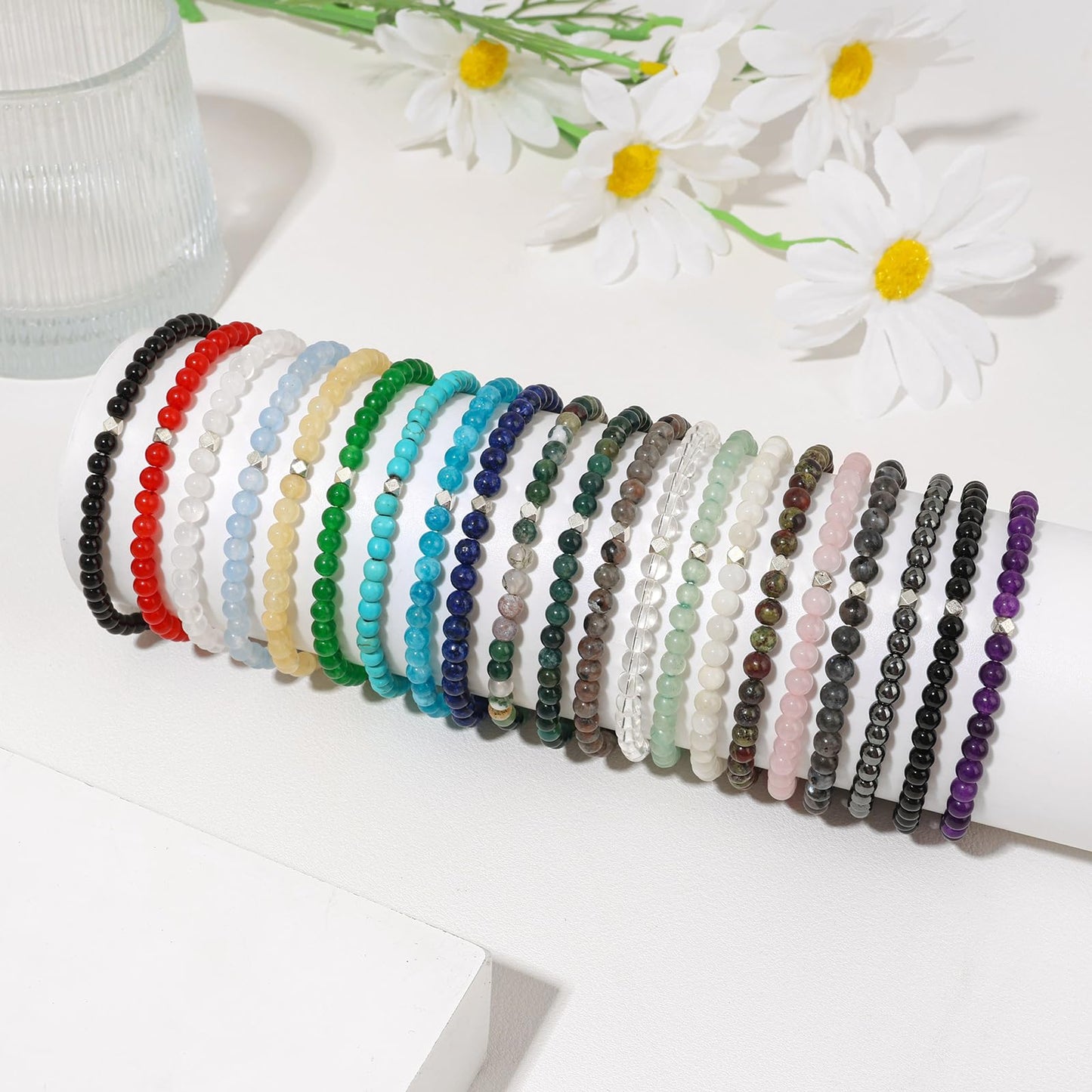 Raicegs 4MM Moss Agate Beaded Bracelets Healing Crystal Bracelet for Women Men Natural Stone Handmade Stretch Bracelet Reiki Spiritual Jewelry