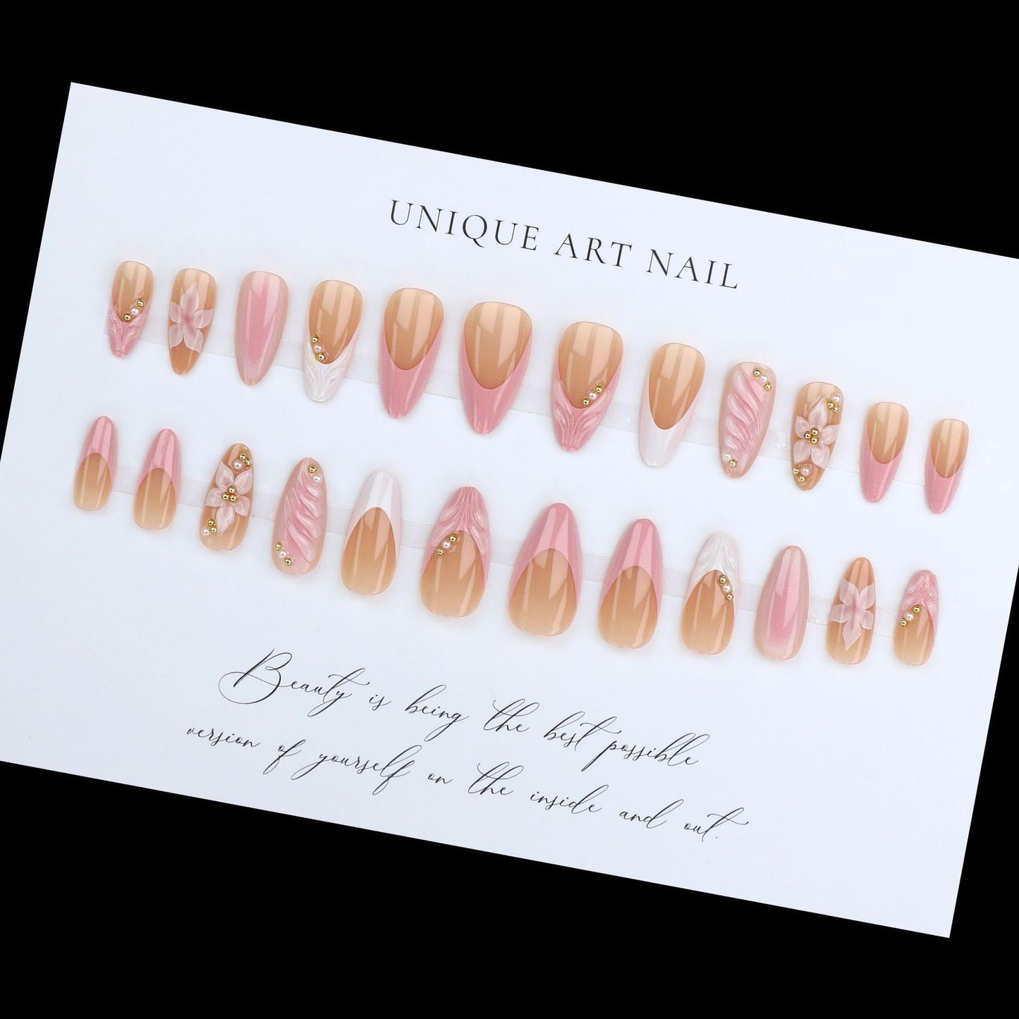 Pink French Tip Press on Nails Medium Almond Fake Nails with 3D Flower Designs Glossy Acrylic False Nails Golden Bead Artificial Glue on Nail Reusable Full Cover Stick on Nail for Women 24Pcs