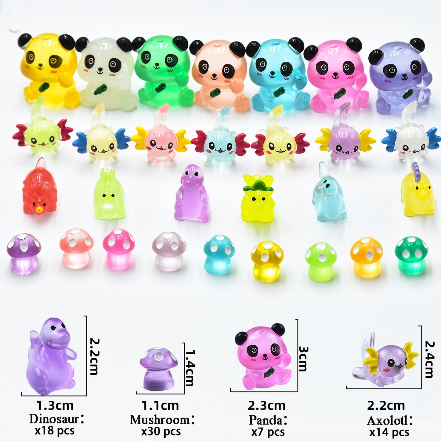 HOMICO 69 PCS Luminous Mini Resin Animals Kit Include Miniature Axolotl Panda Dinosaur Figurines and Tiny Mushroom Tiny Resin Animals for Garden Micro Landscape Aquarium Dollhouse Decor