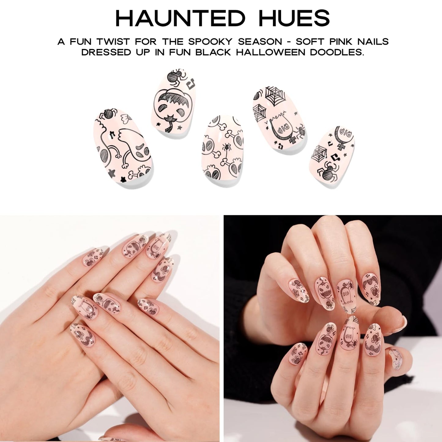 Adora Couture Semi Cured Gel Nail Strips with 20 Pieces - UV Gel Stickers, Manicure Kit, Easy Application Wraps Includes Prep Pads, Nail File, Wooden Stick - UV Light Required (Spooky Sketches)