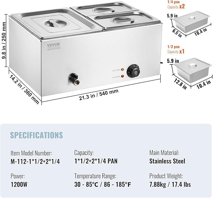 VEVOR 3-Pan Commercial Food Warmer, 17QT Electric Steam Table, 1200W Professional Countertop Stainless Steel Buffet Bain Marie with 86-185°F Temp Control for Catering and Restaurants, Silver