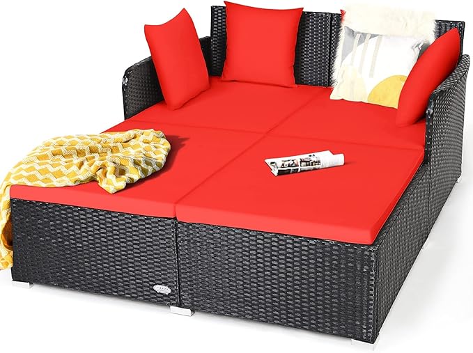 HAPPYGRILL Outdoor Rattan Daybed Patio Loveseat Sofa Set with Padded Cushion Pillows and Sturdy Aluminum Foot, Wicker Patio Furniture for Garden Porch Poolside