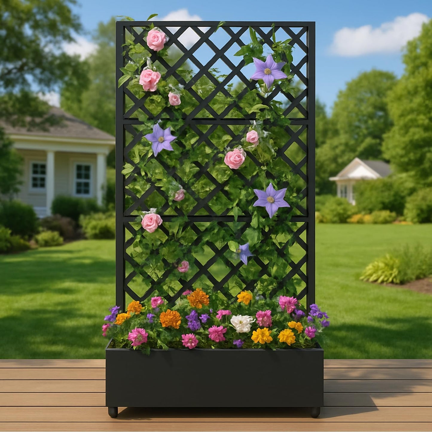 Metal Raised Garden Bed with Trellis and Wheels, 72"x47" Planter Box for Climbing Plants, Vegetables & Vines, Features Drainage Holes and Privacy Screen