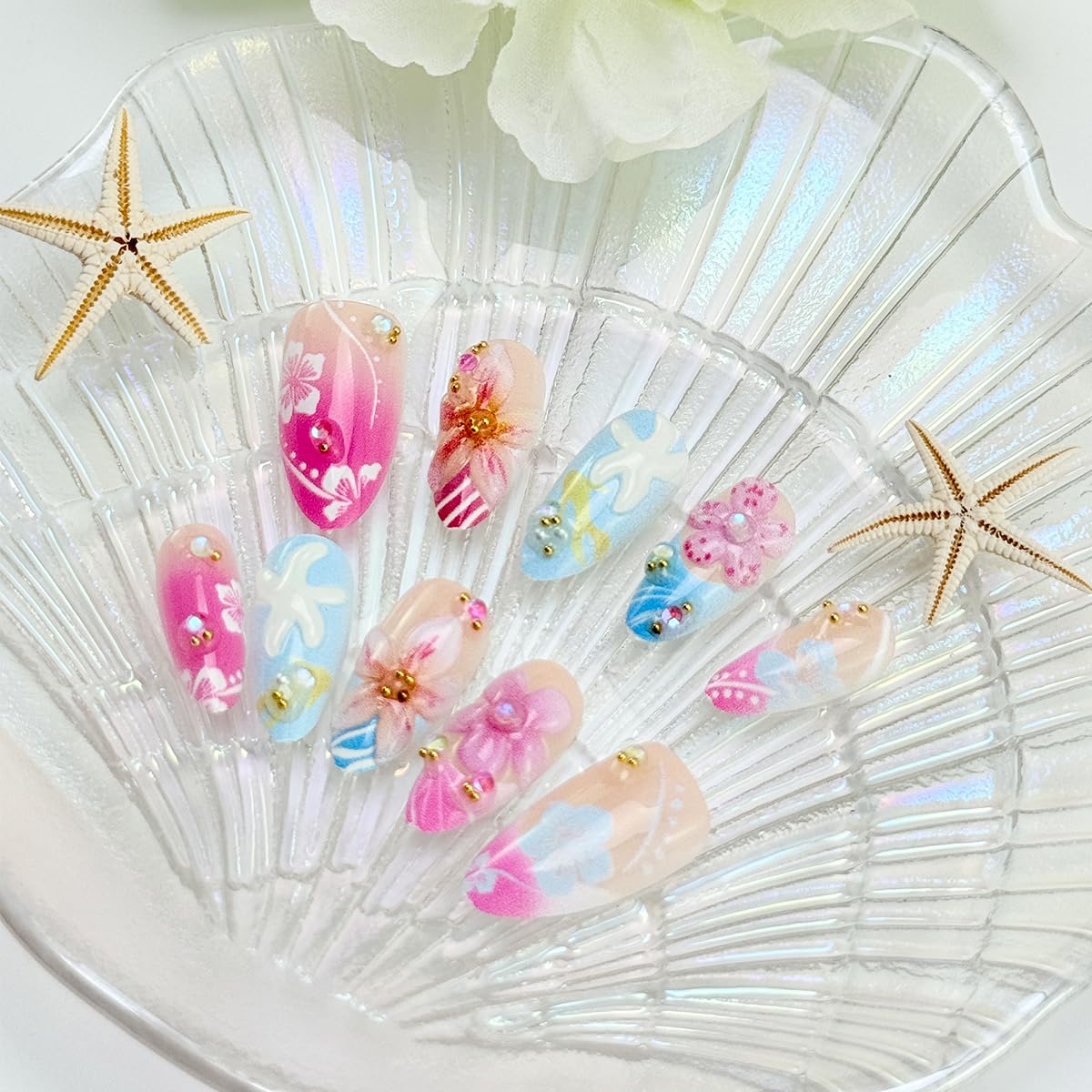 30Pcs Summer Press on Nails Medium Almond French Tip Fake Nails Cute Flower Cherry Blossom False Nails with 3D Pearl & Rhinestones Designs Reusable Pink Blue Acrylic Stick on Nails for Women Manicure