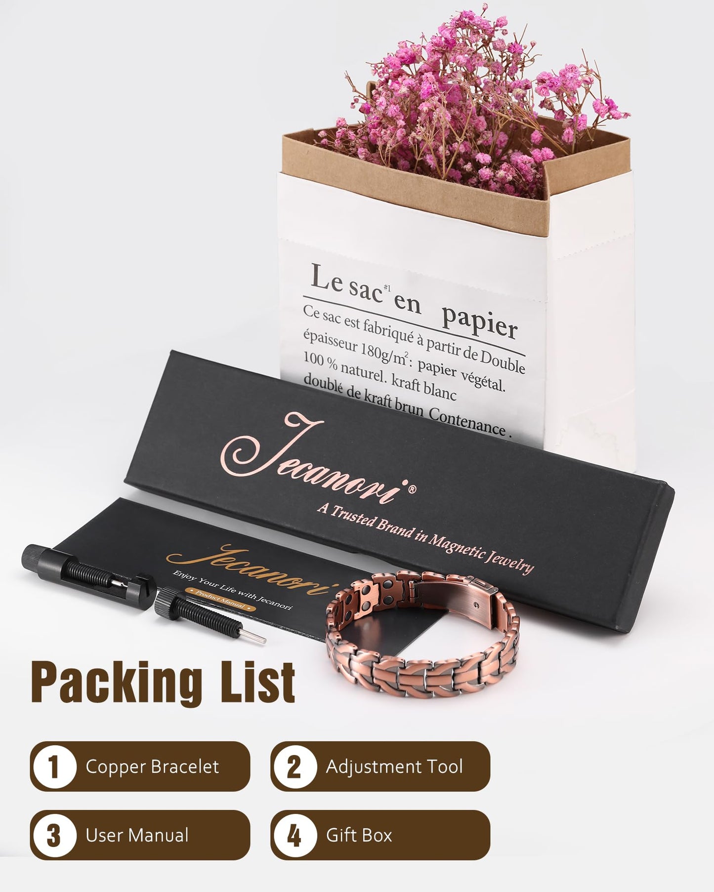 Jecanori Pure Copper Bracelet for Men, 2X Strength Magnetic Bracelets for Men with Fold-Over Clasp
