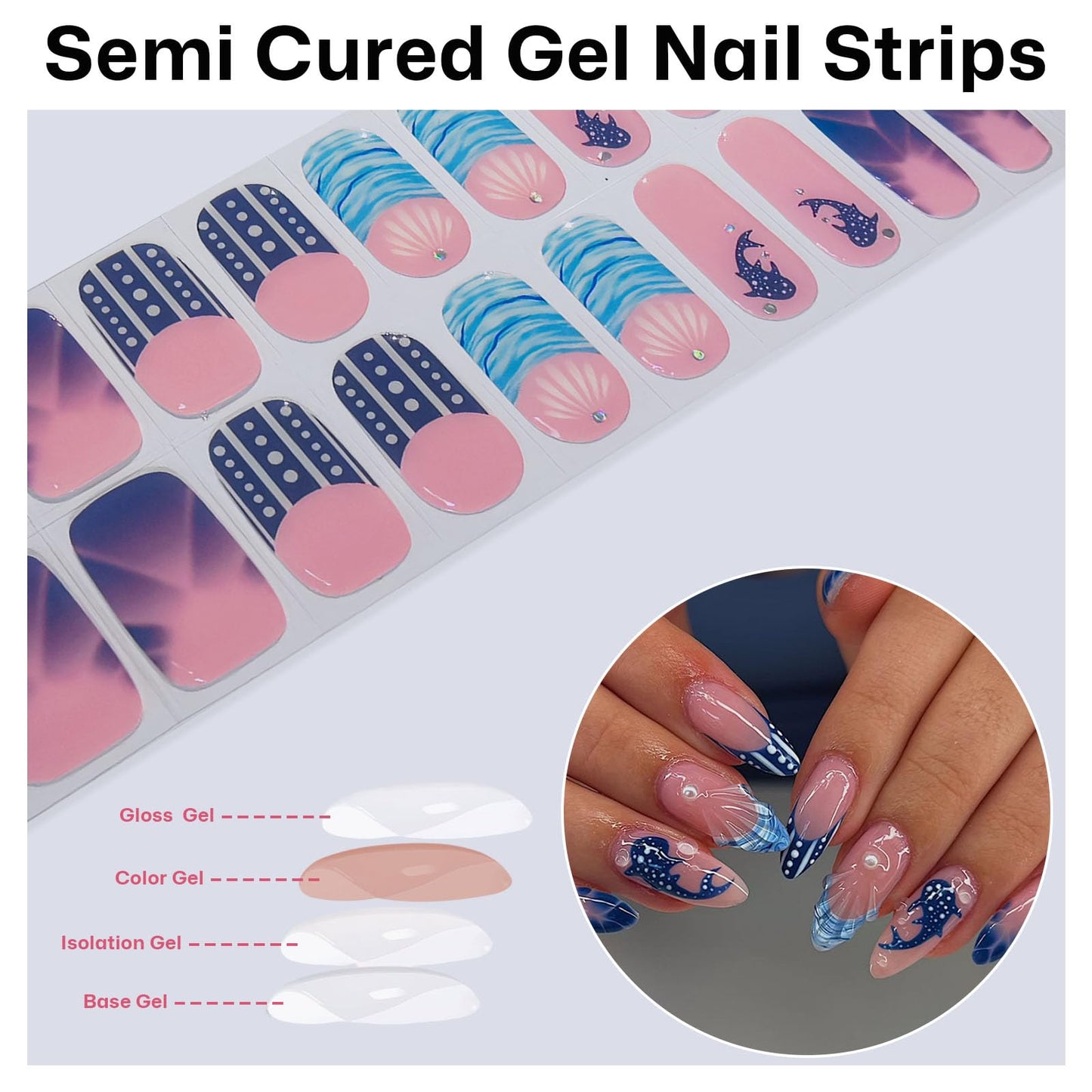 Semi Cured Gel Nail Strips with Shark Designs Gel Nail Stickers Blue Glossy French Tip Salon Quality & Easy to Use 20 Pcs for Women