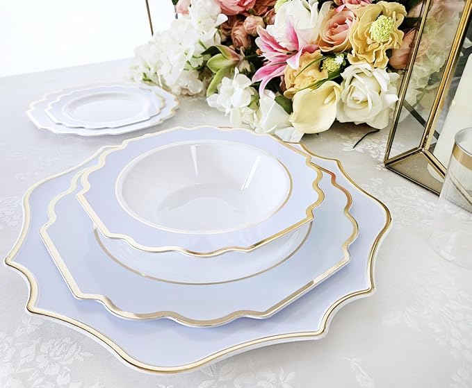 " OCCASIONS " 10 Pieces 13.25'' Scalloped Disposable/Reusable Plastic Charger Plates for Wedding, (Scalloped Imperial Blue & Gold)