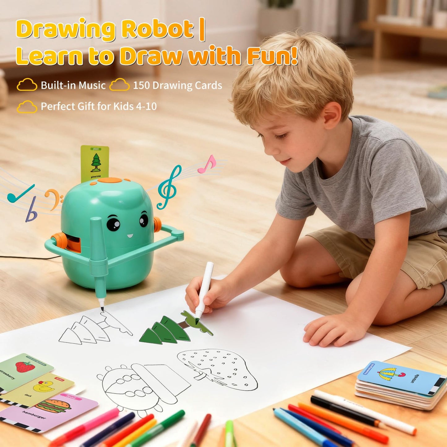 Drawing Robot for Kids, Voice Interactive Educational Drawing Machine with 150 Drawing Cards, Montessori Learning Toys for Kids Ages 3-8, for Boys & Girls (Green)