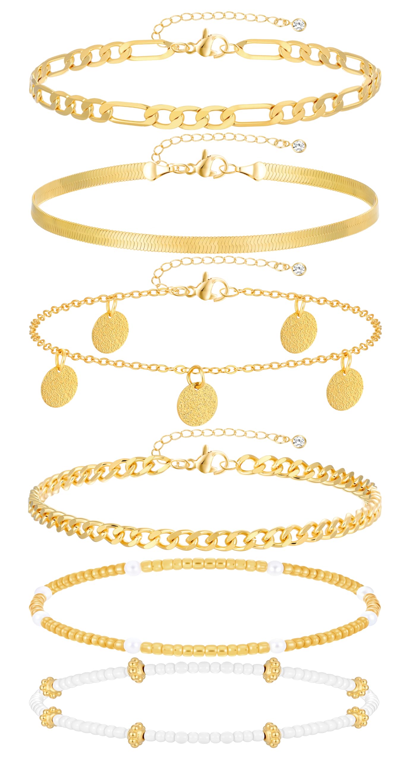 FAXHION Gold Ankle Bracelets for Women Waterproof, layered Coin Bead Cuban Link Chain Adjustable Anklets Set, Summer Boho Anklet Beach Jewelry Gift for Women