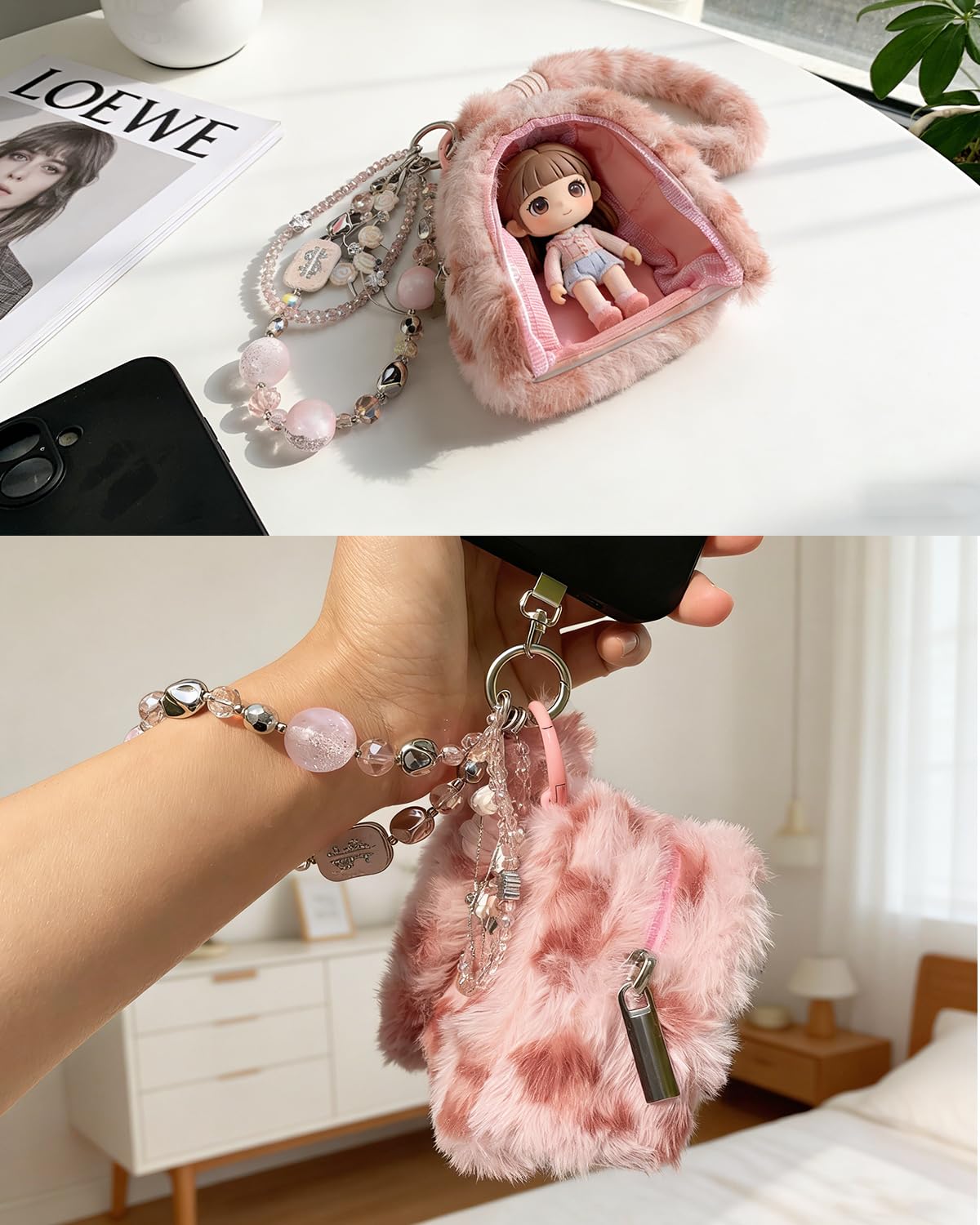 YONONIC Beaded Phone Charm and Plush Doll Protective Case Kit, Cell Phone Chain with Mini Key Headset Bag for Women, Cute Charm Wrist Strap and Portable Storage Bag for Doll Lipstick Cosmetic, Pink