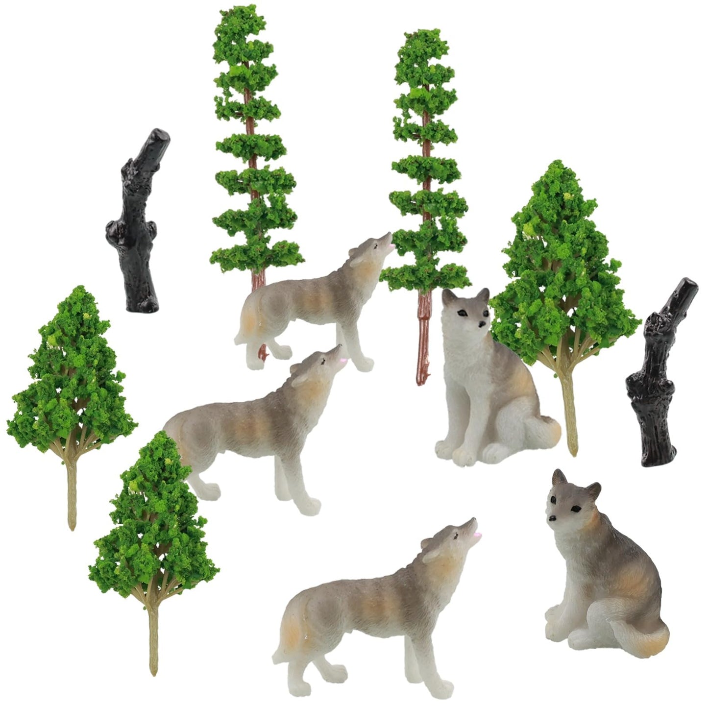 Woodland Wolf Figurines Small Resin Set, Wolf Figures Miniature with Model Trees Kit, Wolves Coyote Forest Animals Miniature Wolf Pack for Cake Toppers Diorama Projects Terrarium Landscape Decor 12Pcs
