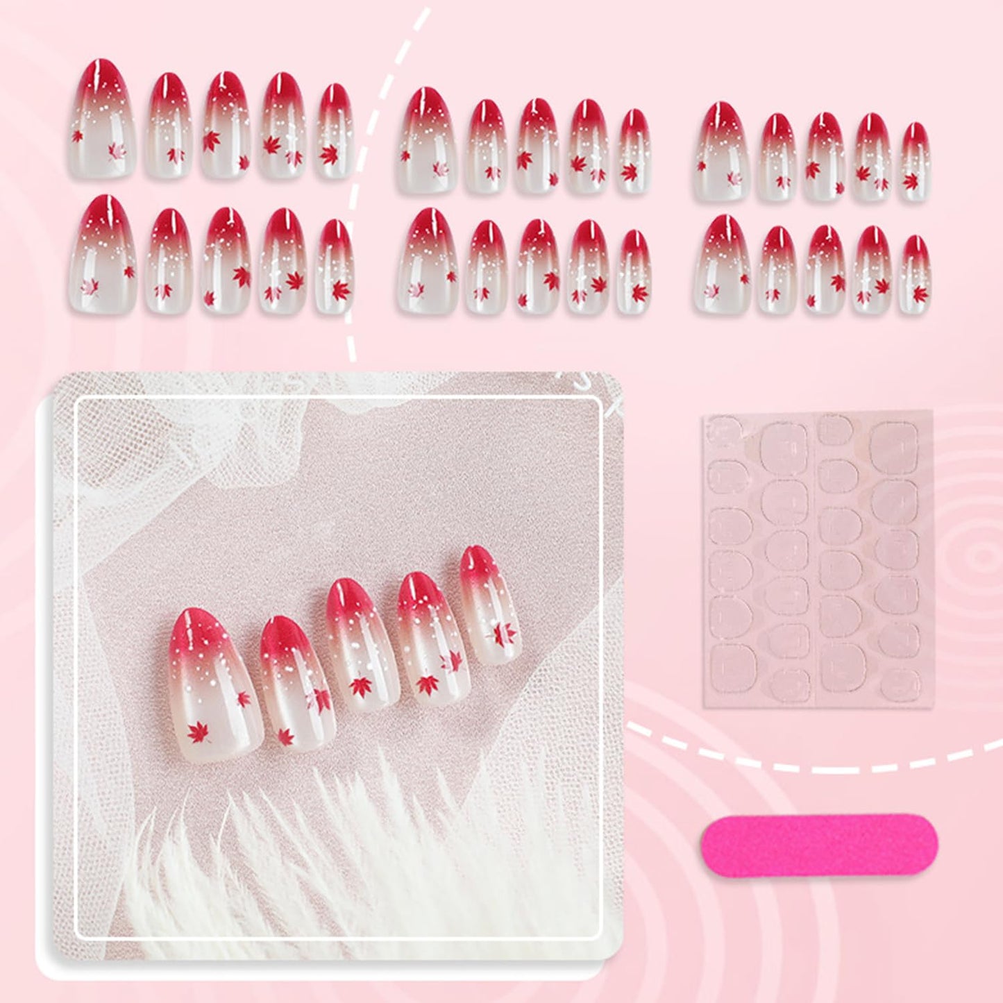 30Pcs Autumn Press on Nails Medium Almond Artificial Acrylic False Nails French Red Tip Maple Leaf Design Stick on Nail Thanksgiving Full Cover Artificial Fingernails for Women Festival Manicure