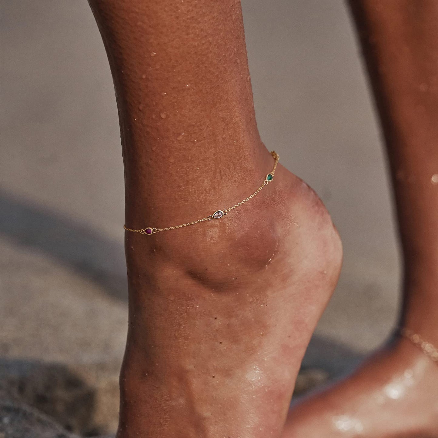 MTMY Gold Anklets for Women 14K Gold Plated Colorful Cubic Zirconia Tassel Foot Chain Dainty Adjustable Cute Summer Beach Boho Anklets Jewelry Gift(colorful drop A)
